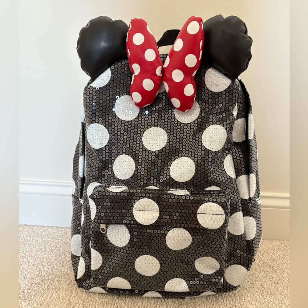 Authentic Disney Minnie Mouse Polka Dot Backpack with Red Bow- Beautiful!